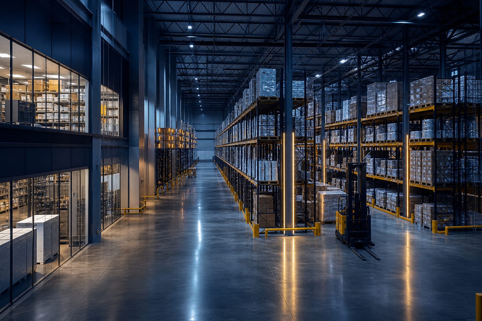 Modern distribution warehouse stocked with pharmaceutical and construction materials